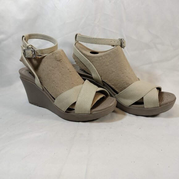 Crocs Leigh II Cream Canvas Strap Wedge Heels NWOT - Picture 2 of 10